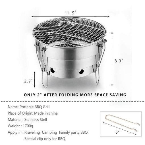 Portable Charcoal Grill - 11in Small Removable Grill - Thick Stainless Steel Charcoal Basin Easy to Assemble and Clean - Outdoor Beach Windproof Barbecue Grill