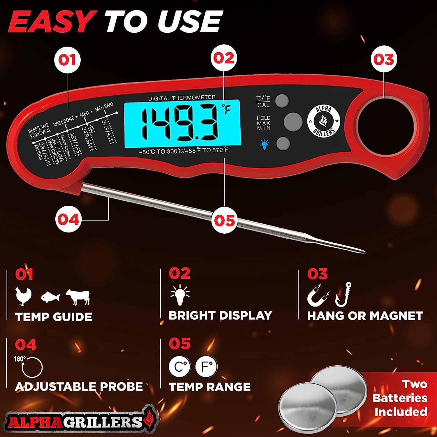 Alpha Grillers Digital Meat Thermometer & Oven Thermometer with Probe Bundle - 4