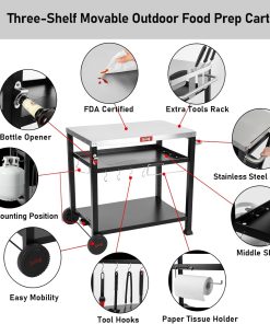 Feasto 3-Shelf Movable Food Prep and Pizza Oven Table, BBQ Grill Cart, Indoor & Outdoor Multifunctional Stainless Steel Grill Table on 2 Wheels - 3