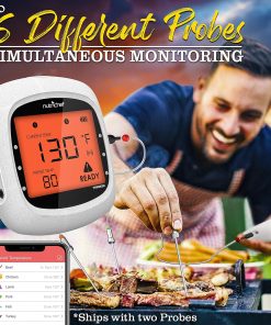 NutriChef Bluetooth Meat Thermometer for Grilling and Smoking, up to 6 Temperature Probes and Smart APP, 400 Ft Range, LCD - 2