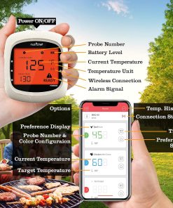 NutriChef Bluetooth Meat Thermometer for Grilling and Smoking, up to 6 Temperature Probes and Smart APP, 400 Ft Range, LCD - 5