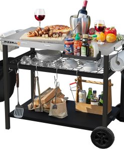 PIZZELLO Outdoor Grill Cart Three-Shelf Grill Table Movable BBQ Trolley Food Prep Carts Stainless Steel Multifunctional Worktable Island - 1