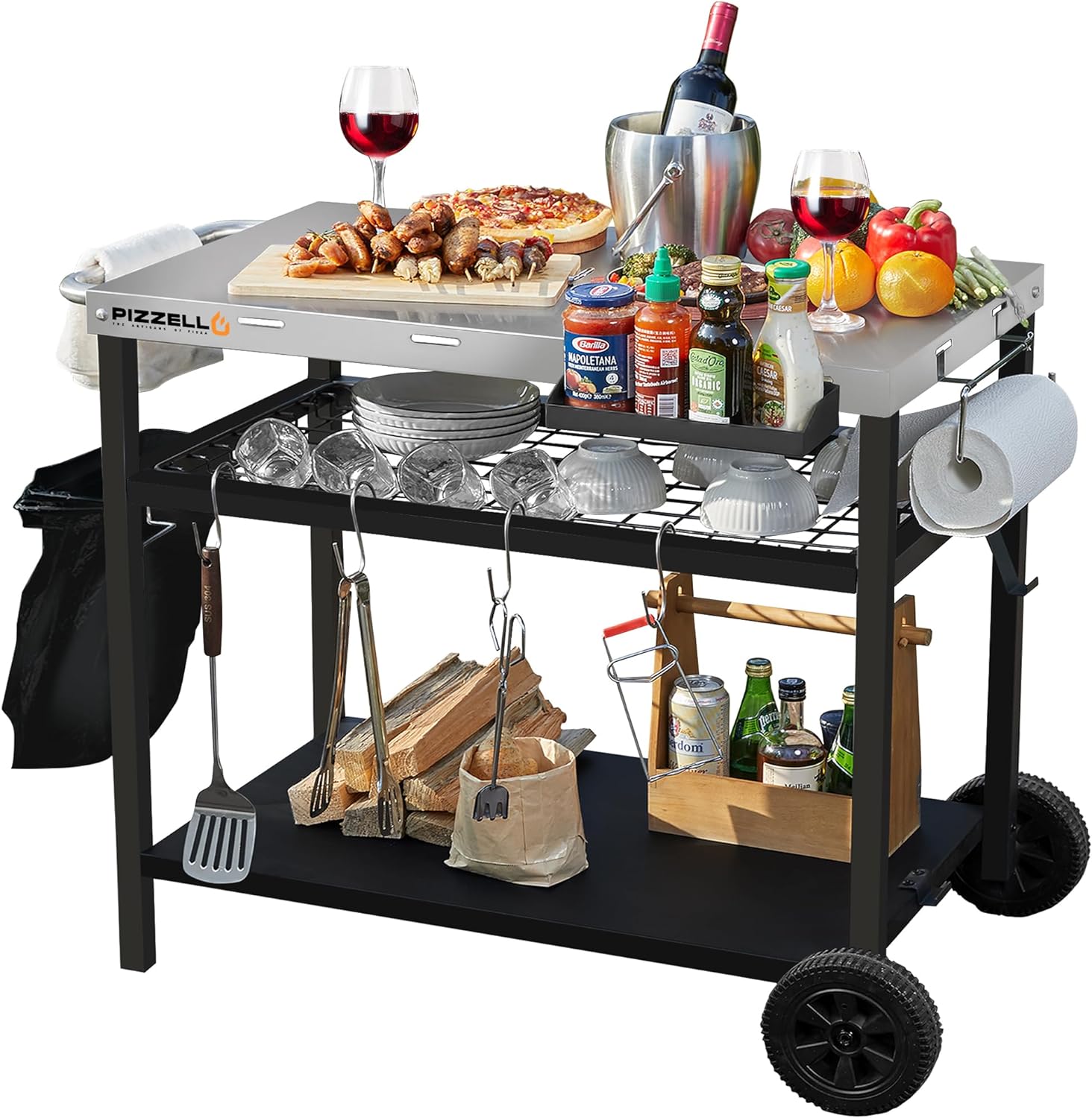 PIZZELLO Outdoor Grill Cart Three-Shelf Grill Table Movable BBQ Trolley Food Prep Carts Stainless Steel Multifunctional Worktable Island - 1