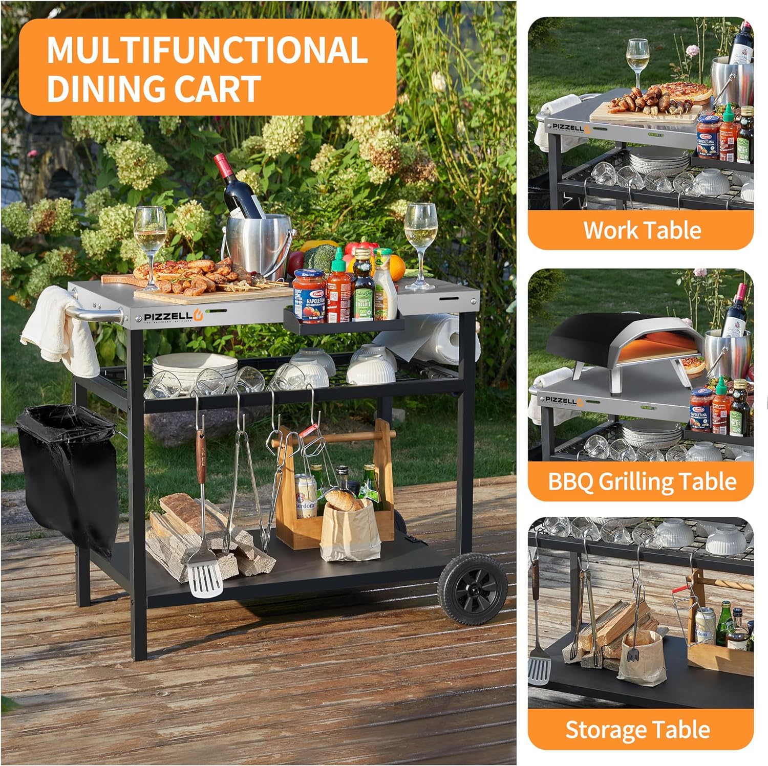 PIZZELLO Outdoor Grill Cart Three-Shelf Grill Table Movable BBQ Trolley Food Prep Carts Stainless Steel Multifunctional Worktable Island - 2