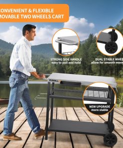 PIZZELLO Outdoor Grill Cart Three-Shelf Grill Table Movable BBQ Trolley Food Prep Carts Stainless Steel Multifunctional Worktable Island - 3