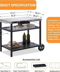 PIZZELLO Outdoor Grill Cart Three-Shelf Grill Table Movable BBQ Trolley Food Prep Carts Stainless Steel Multifunctional Worktable Island - 5