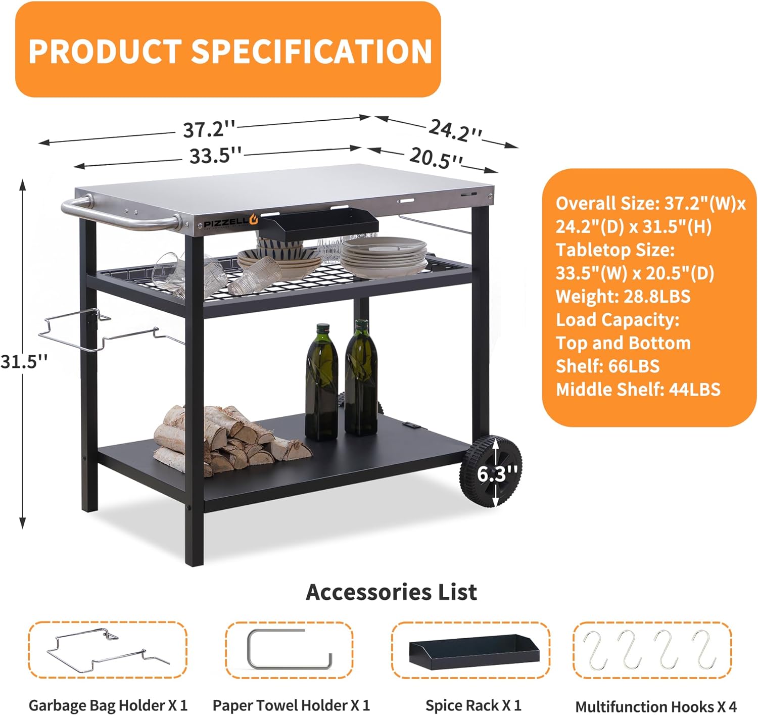 PIZZELLO Outdoor Grill Cart Three-Shelf Grill Table Movable BBQ Trolley Food Prep Carts Stainless Steel Multifunctional Worktable Island - 5
