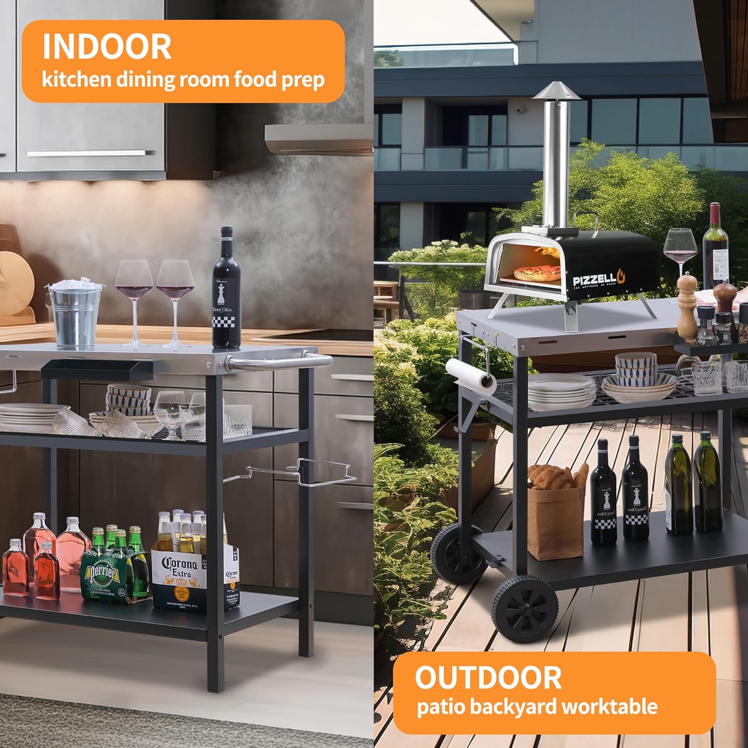 PIZZELLO Outdoor Grill Cart Three-Shelf Grill Table Movable BBQ Trolley Food Prep Carts Stainless Steel Multifunctional Worktable Island - 6