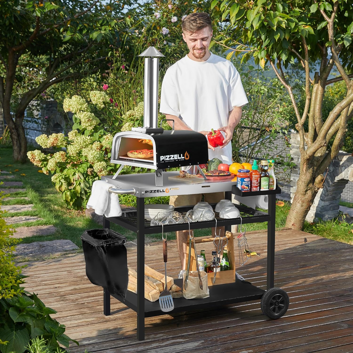 PIZZELLO Outdoor Grill Cart Three-Shelf Grill Table Movable BBQ Trolley Food Prep Carts Stainless Steel Multifunctional Worktable Island - 7