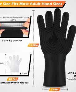 BBQ Gloves, 1472°F Heat Resistant Fireproof Mitts, Silicone Non-Slip Washable Oven Kitchen Gloves for Barbecue, Grilling, Cooking, Baking - 2