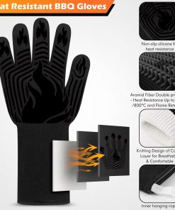 BBQ Gloves, 1472°F Heat Resistant Fireproof Mitts, Silicone Non-Slip Washable Oven Kitchen Gloves for Barbecue, Grilling, Cooking, Baking - 3