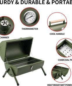 Portable Charcoal Grill, Tabletop Outdoor Barbecue Smoker, Small BBQ Grill for Outdoor Cooking Backyard Camping Picnics Beach by DNKMOR GREEN - 2