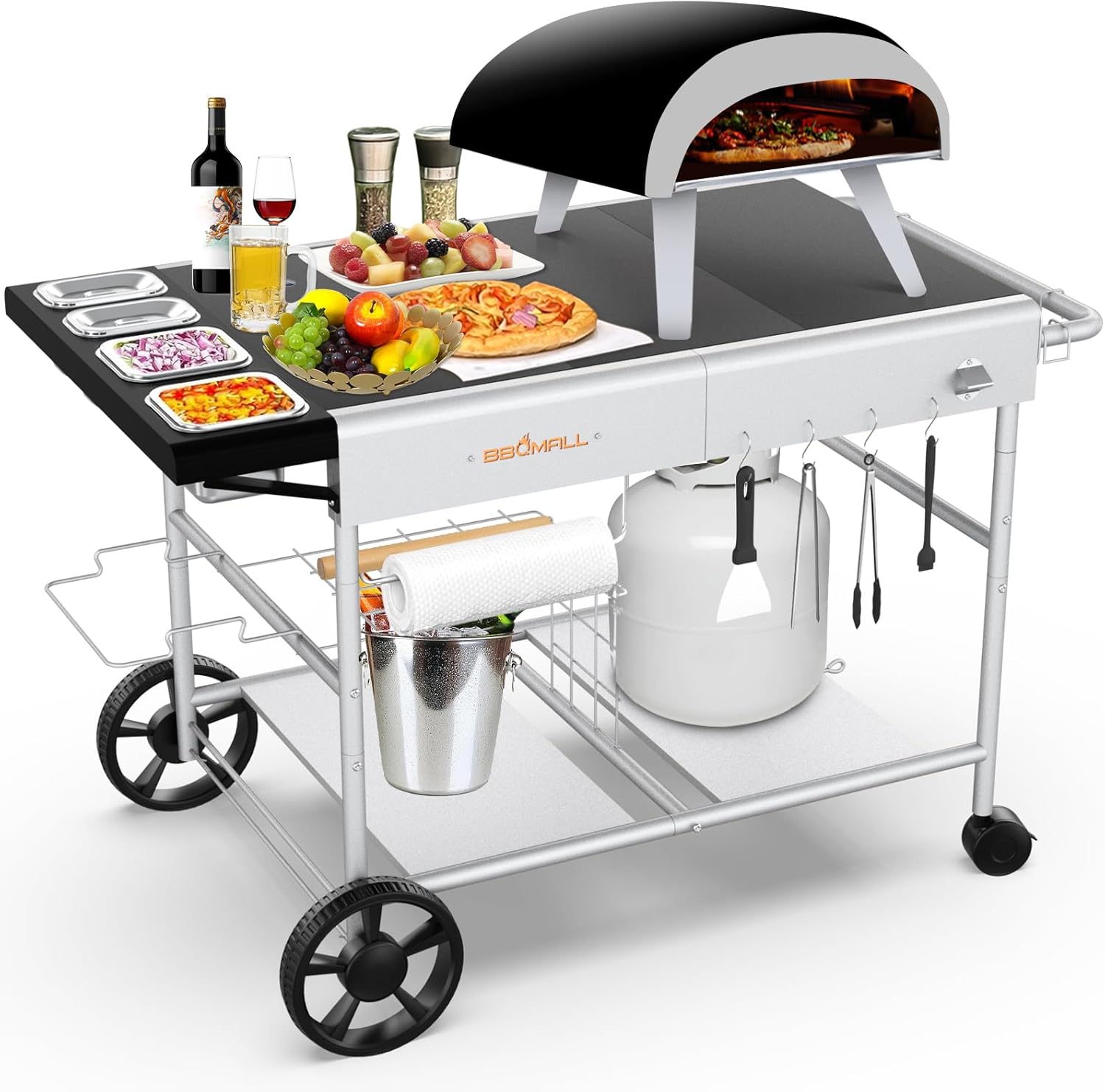 Pizza Oven Table Grill Cart for Ooni Koda-Karu-Fyra 16& 12 with Pizza Topping Station Movable Food and Prep Workcart Outdoor Grill Table Stand for Ninja Woodfire - 1