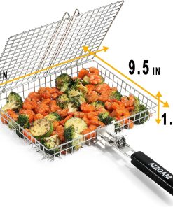 Grill Basket AIZOAM Grill Basket Stainless Steel BBQ Grilling Basket Large Folding Grill Basket with Removable Handle. Grill Baskets for Outdoor Grill - 4