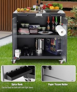 Grill Table, Outdoor Bar Cart Grill Cart with Storage Cabinet,Modular Outdoor Kitchen Island, Outdoor Grill Station with 304 Stainless Steel Top,Pizza Oven Table for Lawn & Garden - 6