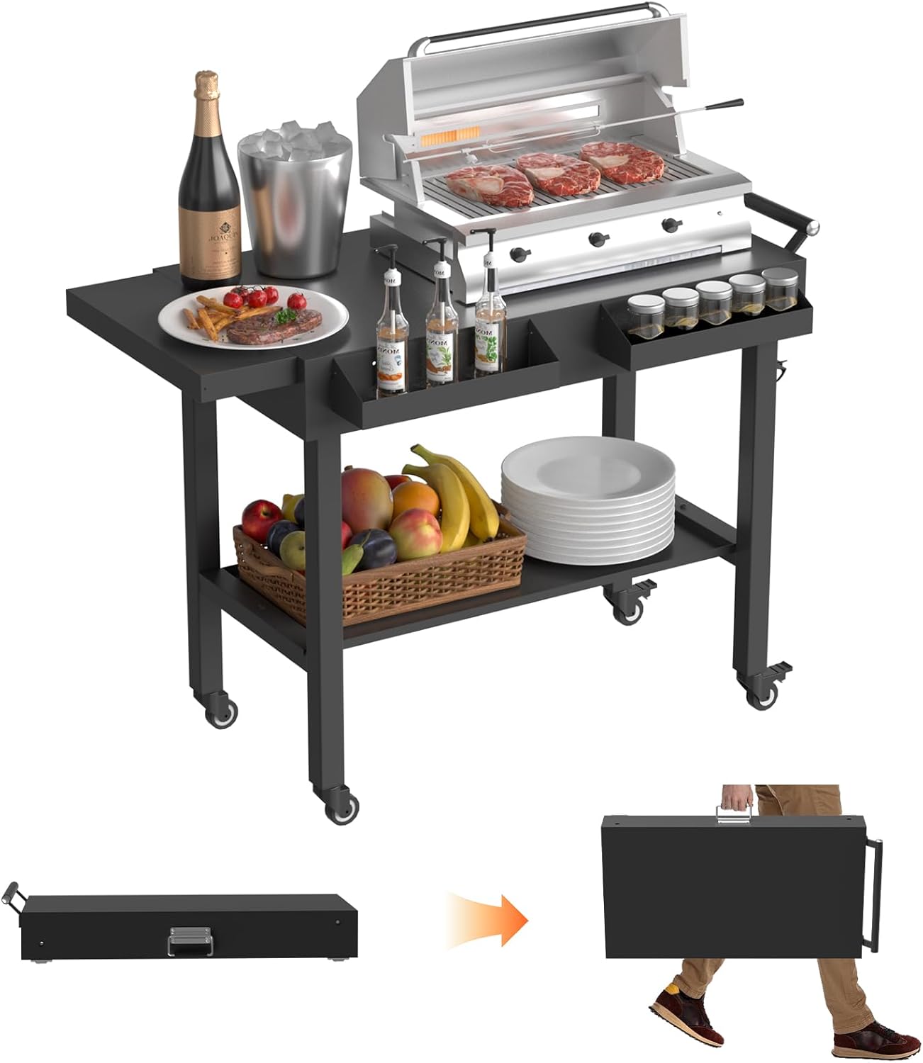 Grill Table Outdoor Grill Table with Wheels Suitable for Outdoor Family Gatherings Bars Camping 33L x 29 Quick Folding Grill Cart Black - 1