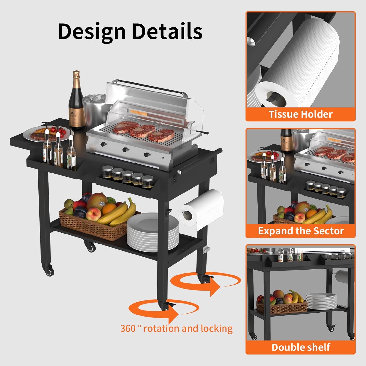 Grill Table Outdoor Grill Table with Wheels Suitable for Outdoor Family Gatherings Bars Camping 33L x 29 Quick Folding Grill Cart Black - 3