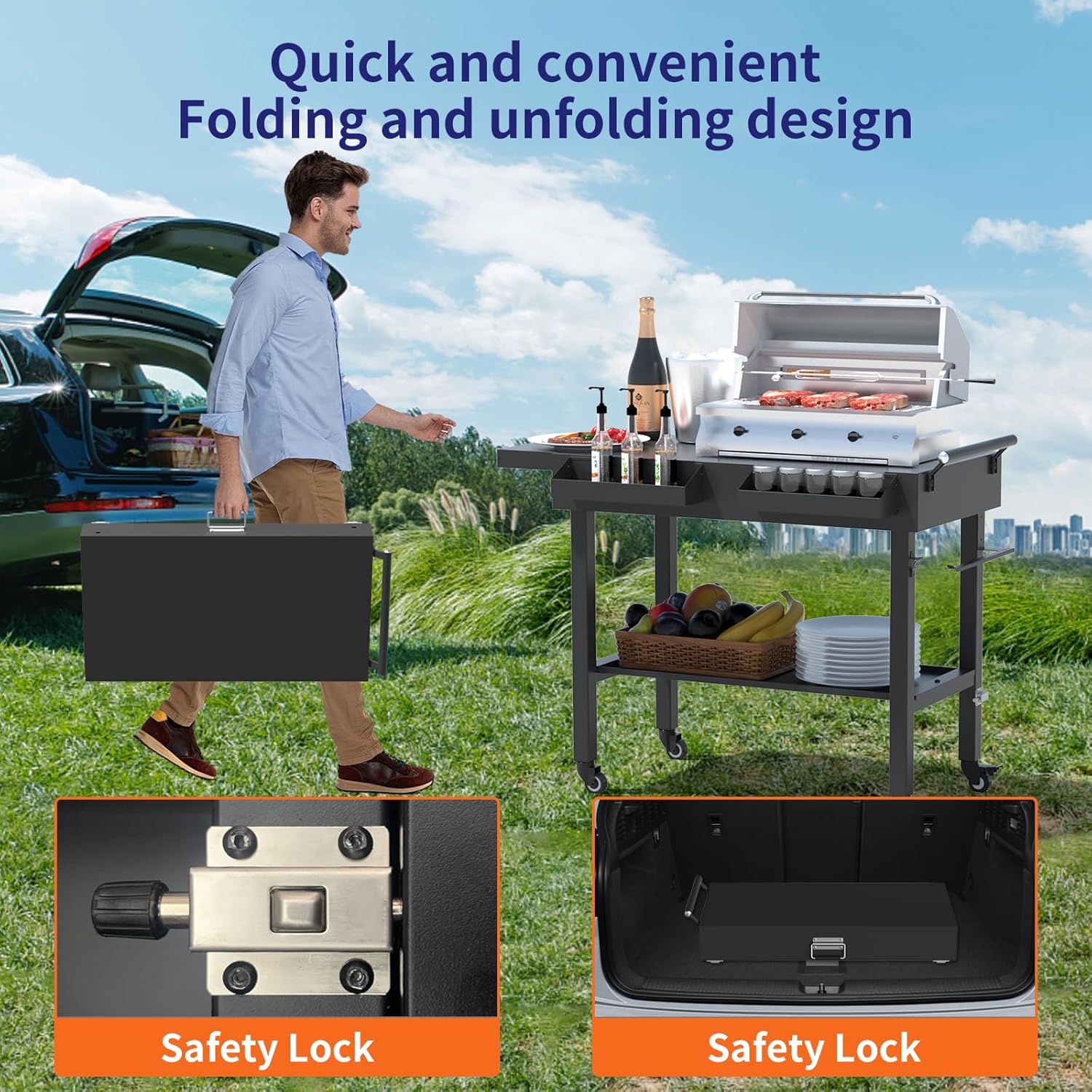 Grill Table Outdoor Grill Table with Wheels Suitable for Outdoor Family Gatherings Bars Camping 33L x 29 Quick Folding Grill Cart Black - 6