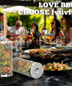 Nesting Grill Baskets (2PCS), Removable Wooden Handle, 304 Stainless Steel, Rolling Grilling Net, BBQ Accessories Tools for Vegetables Shrimp, Outdoor Cooking Camping - 6