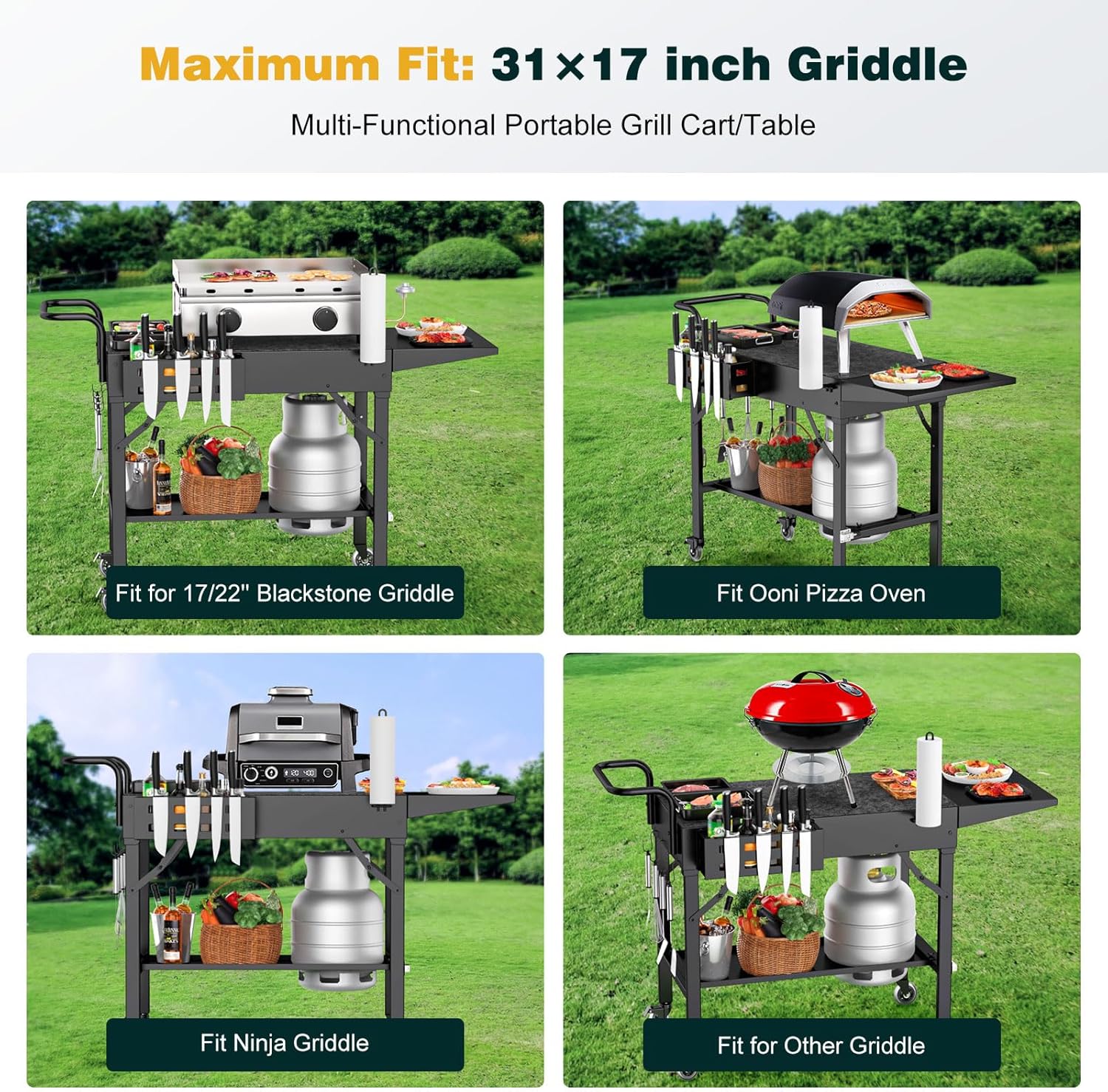 Outdoor Grill Table, Blackstone Griddle Stand, 440lbs Folding Grill Cart, Pizza Oven Table Stand for Onni,Food Prep Table with Wheels for Outdoor BBQ Camp Ninja Woodfire Grill Stand - 2