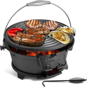IronMaster Hibachi Grill Outdoor, 100% Cast Iron Grill, Mini Small Portable Charcoal Grill for Outdoor Camping Stove - 2 Heights, Air Control, Coal Door - 1