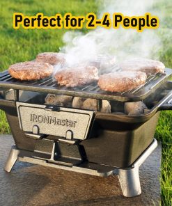 IronMaster Hibachi Grill Outdoor, Small Portable Charcoal Grill, 100% Pre-Seasoned Cast Iron, Japanese Yakitori Camping Grill - 2 Heights, Air Control, Coal Door - 2