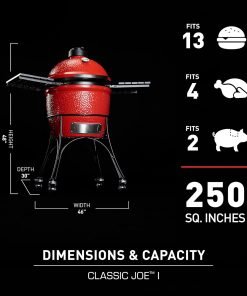 Kamado Joe® Classic Joe™ I Premium 18-inch Ceramic Charcoal Grill and Smoker in Red with Cart, Side Shelves, Grill Gripper, and Ash Tool. 250 Cooking Square Inches, 2 Tier Cooking System - 3