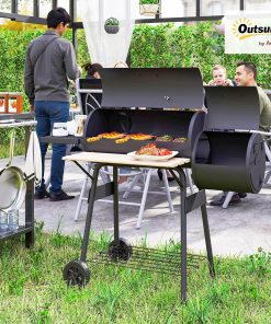 Outsunny 48 Portable Barrel Charcoal BBQ Grill, Steel Outdoor Barbecue Smoker with 232 Square Inches Cooking Space, Storage Shelf, Wheels for Garden Camping Picnic, Black - 2