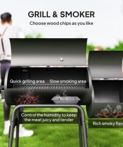 Outsunny 48 Portable Barrel Charcoal BBQ Grill, Steel Outdoor Barbecue Smoker with 232 Square Inches Cooking Space, Storage Shelf, Wheels for Garden Camping Picnic, Black - 3