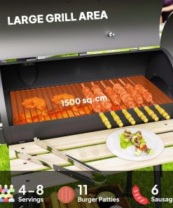 Outsunny 48 Portable Barrel Charcoal BBQ Grill, Steel Outdoor Barbecue Smoker with 232 Square Inches Cooking Space, Storage Shelf, Wheels for Garden Camping Picnic, Black - 4