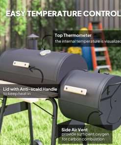 Outsunny 48 Portable Barrel Charcoal BBQ Grill, Steel Outdoor Barbecue Smoker with 232 Square Inches Cooking Space, Storage Shelf, Wheels for Garden Camping Picnic, Black - 5