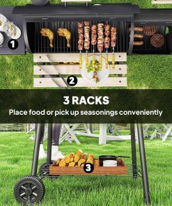 Outsunny 48 Portable Barrel Charcoal BBQ Grill, Steel Outdoor Barbecue Smoker with 232 Square Inches Cooking Space, Storage Shelf, Wheels for Garden Camping Picnic, Black - 6