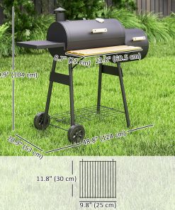 Outsunny 48 Portable Barrel Charcoal BBQ Grill, Steel Outdoor Barbecue Smoker with 232 Square Inches Cooking Space, Storage Shelf, Wheels for Garden Camping Picnic, Black - 7