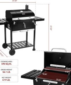 Royal Gourmet CD1824EC 24-Inch Movable Charcoal Grill with Cover, 490 Sq. In. Cooking Area, Outdoor Barbecue Grill with Foldable Side Tables for Outdoor Picnic and Camping Grilling, Black - 3
