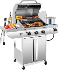 3-Burner Propane Gas Grill with Side Burner – 34,000 BTU Stainless Steel Outdoor BBQ Grill, Cast Iron Grates, Portable with Wheels for Patio, Camping