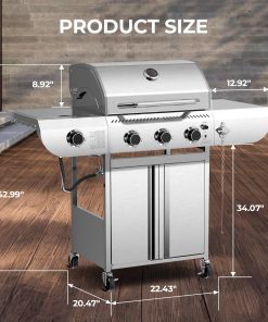 3-Burner Propane Gas Grill with Side Burner – 34,000 BTU Stainless Steel Outdoor BBQ Grill, Cast Iron Grates, Portable with Wheels for Patio, Camping - 8
