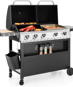 Captiva Designs Propane Gas Griddle Grill Combo with Porcelain-Enameled Cast Iron Grate & Cast Iron Pan, Dual BBQ Grill With Flat Top Griddle for Outdoor Kitchen & Backyard Barbecue - 1