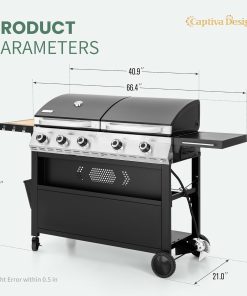 Captiva Designs Propane Gas Griddle Grill Combo with Porcelain-Enameled Cast Iron Grate & Cast Iron Pan, Dual BBQ Grill With Flat Top Griddle for Outdoor Kitchen & Backyard Barbecue - 6