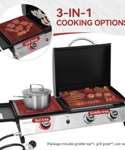 Royal Gourmet PD1305H 3 Burner Propane Gas Grill and Griddle Combo with Lid, 3-in-1 Grill Griddle Combo with 29,000 BTUs Output for Outdoor Cooking, 364 Sq. In. Cooking Area, Silver & Black - 9