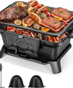 VIVOHOME Rectangle Cast Iron Charcoal Grill with Double-Sided Grate, Portable Outdoor BBQ Grill, Compact Tabletop Grill Stove - 1