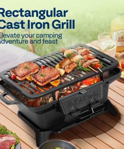 VIVOHOME Rectangle Cast Iron Charcoal Grill with Double-Sided Grate, Portable Outdoor BBQ Grill, Compact Tabletop Grill Stove - 2
