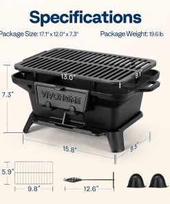 VIVOHOME Rectangle Cast Iron Charcoal Grill with Double-Sided Grate, Portable Outdoor BBQ Grill, Compact Tabletop Grill Stove - 7