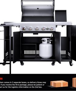 Brand-Man Propane Gas Grill Island Outdoor Kitchen & Storage Cabinets, 52000 BTUs Stainless Steel Burner Patio Cooking BBQ Grill with Side Burner - Natural Gas Convertible, Black - 9