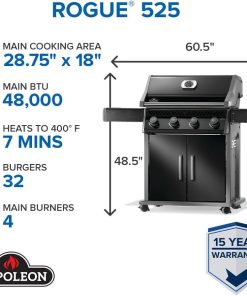 Napoleon Rogue 525 Natural Gas Grill, Black, Stainless Steel Grids, Durable 4-Burner BBQ - 2