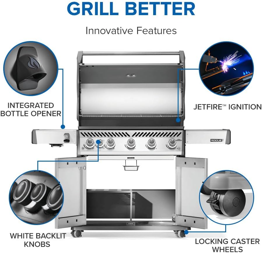 Napoleon Rogue PRO 625 Natural Gas Grill with Infrared Side Burner, Stainless Steel, Durable 6-Burner BBQ - 4