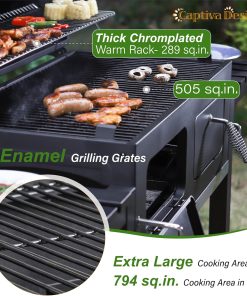 Captiva Designs Extra Large Charcoal BBQ Grill with Oversize Cooking Area(794 SQIN), Outdoor Cooking Grill with 2 Individual Lifting Charcoal Trays and 2 Foldable Side Tables - 2