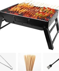 Portable Charcoal Grill for Camping Small Tabletop BBQ Grill for Picnic Trip Foldable Lightweight Barbeque Grill Set Including Tongs Skewers Basting Brush - 1