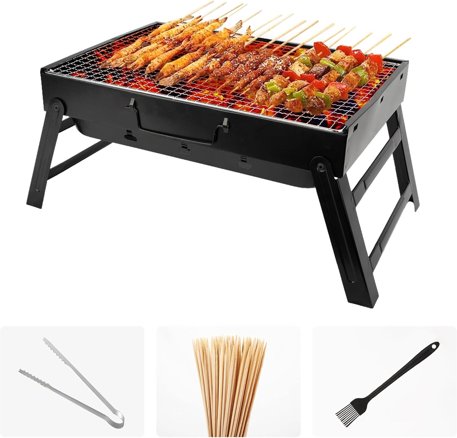 Portable Charcoal Grill for Camping Small Tabletop BBQ Grill for Picnic Trip Foldable Lightweight Barbeque Grill Set Including Tongs Skewers Basting Brush - 1