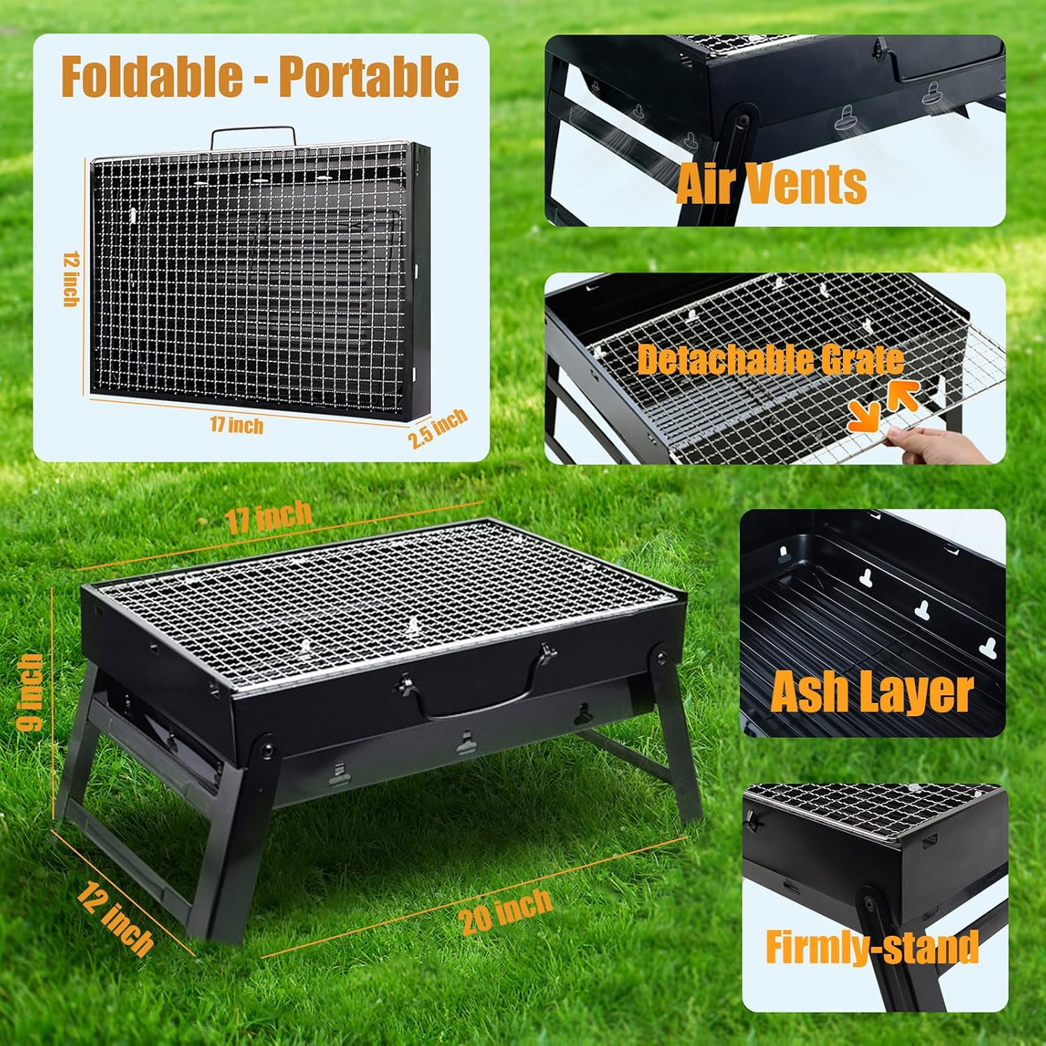 Portable Charcoal Grill for Camping Small Tabletop BBQ Grill for Picnic Trip Foldable Lightweight Barbeque Grill Set Including Tongs Skewers Basting Brush - 2