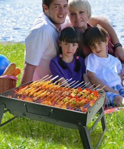 Portable Charcoal Grill for Camping Small Tabletop BBQ Grill for Picnic Trip Foldable Lightweight Barbeque Grill Set Including Tongs Skewers Basting Brush - 4